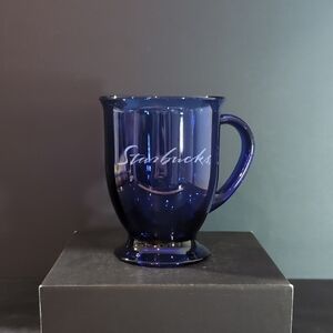 VGT, Anchor Hocking Etched Starbucks Cobalt Blue Footed Glass Coffee Mug.